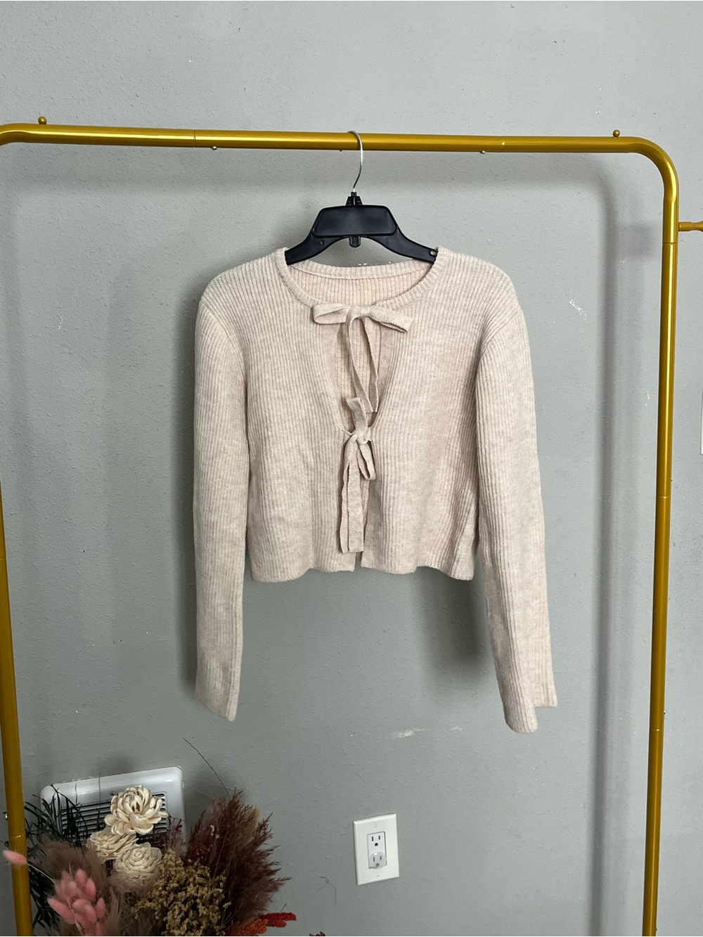Cream Rib Knit Tie Front Cardigan Balletcore Long Sleeve Sweater Top